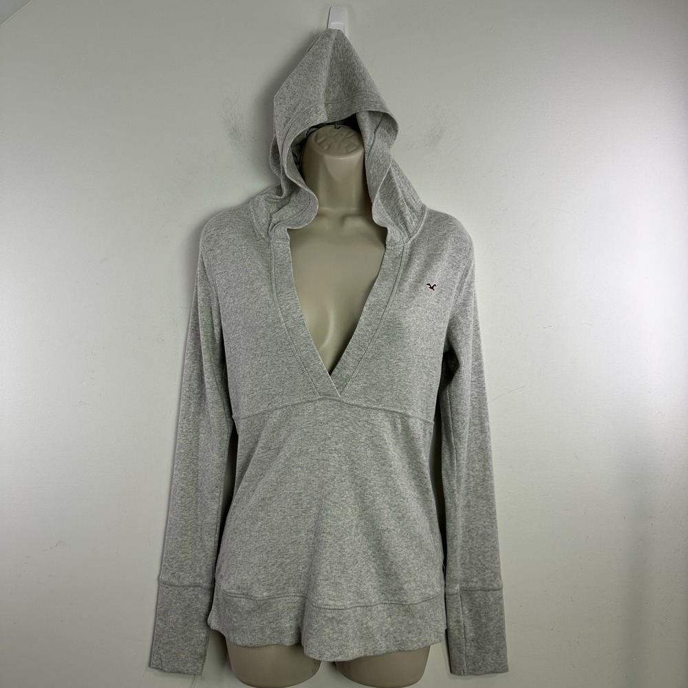 Hollister Y2K Babydoll Henley Top Long Sleeve Deep V Neck L Logo Hooded Gray